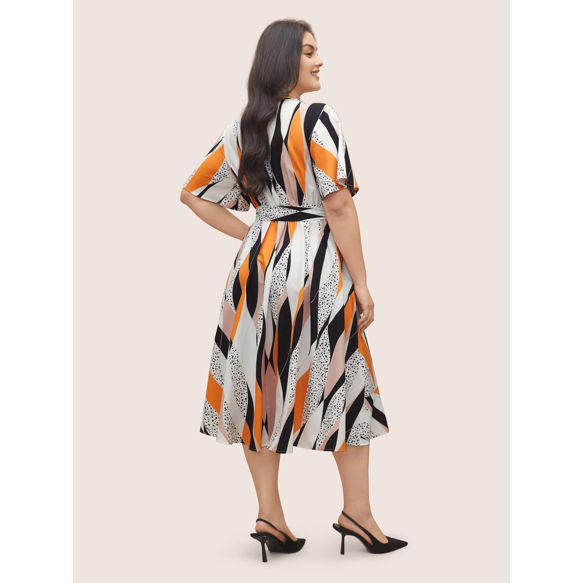 Plus Size Geometric Contrast Overlap Collar Belted Ruffle Sleeve Dress Multicolor Women At the Office Overlapping Overlap Collar Short sleeve Curvy Midi Dress BloomChic 22-24/3X Product Image