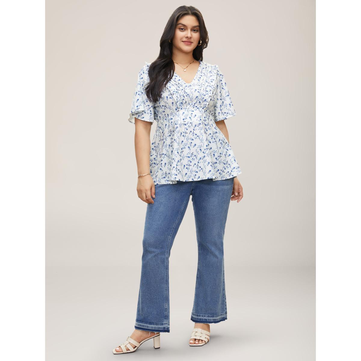 Plus Size Ivory Floral Pleated Elastic Waist Ruffle Sleeve Blouse Women Elegant Half Sleeve V-neck Everyday Blouses BloomChic 28/5X Product Image