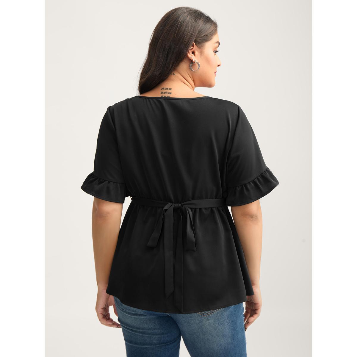 Plus Size Black Multiple Rings Buckle Belt Blouse Women Short sleeve Round Neck Work Blouses BloomChic 10/M Product Image