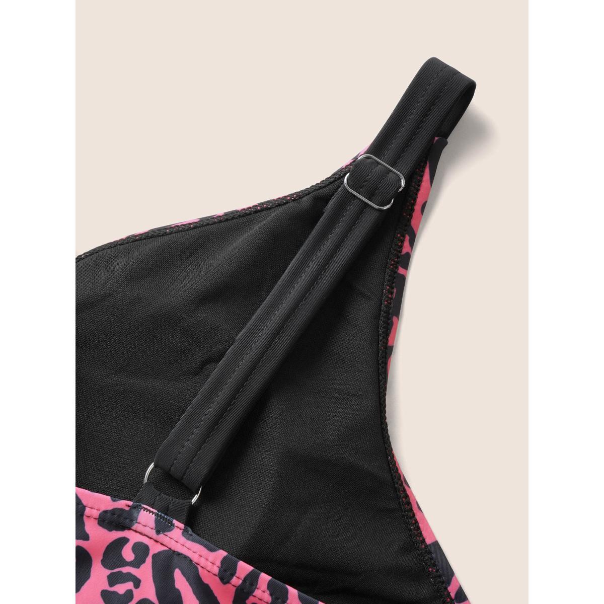 Plus Size Leopard Print Patchwork Tie Knot Swim Dress Women's Swimwear Leopard Beach Bodycon Overlap Collar High stretch Curve Swim Dresses BloomChic 22-24/3X Product Image