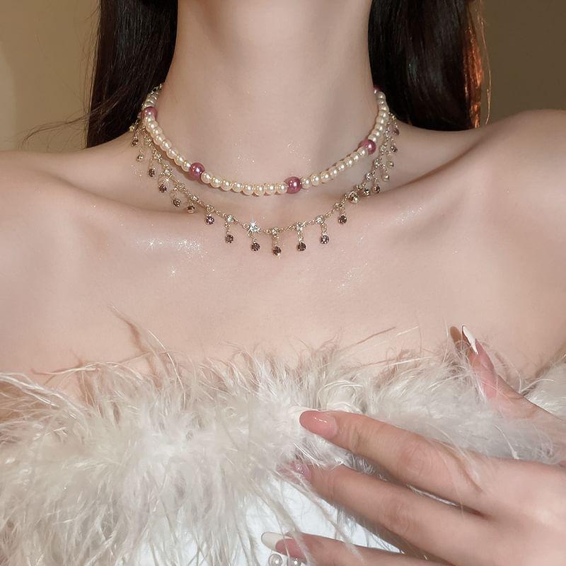 Faux Pearl Rhinestone Fringed Layered Necklace Product Image
