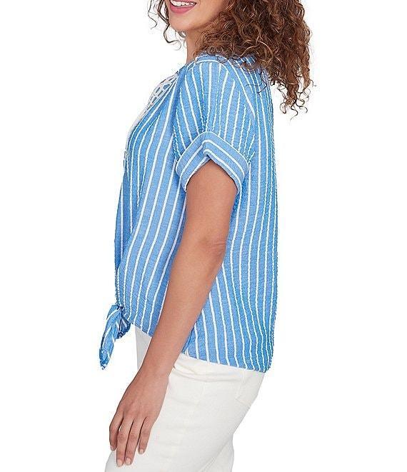 Ruby Rd. Petite Size Embroidered Stripe Split V-Neck Short Sleeve Tie-Front Top Product Image