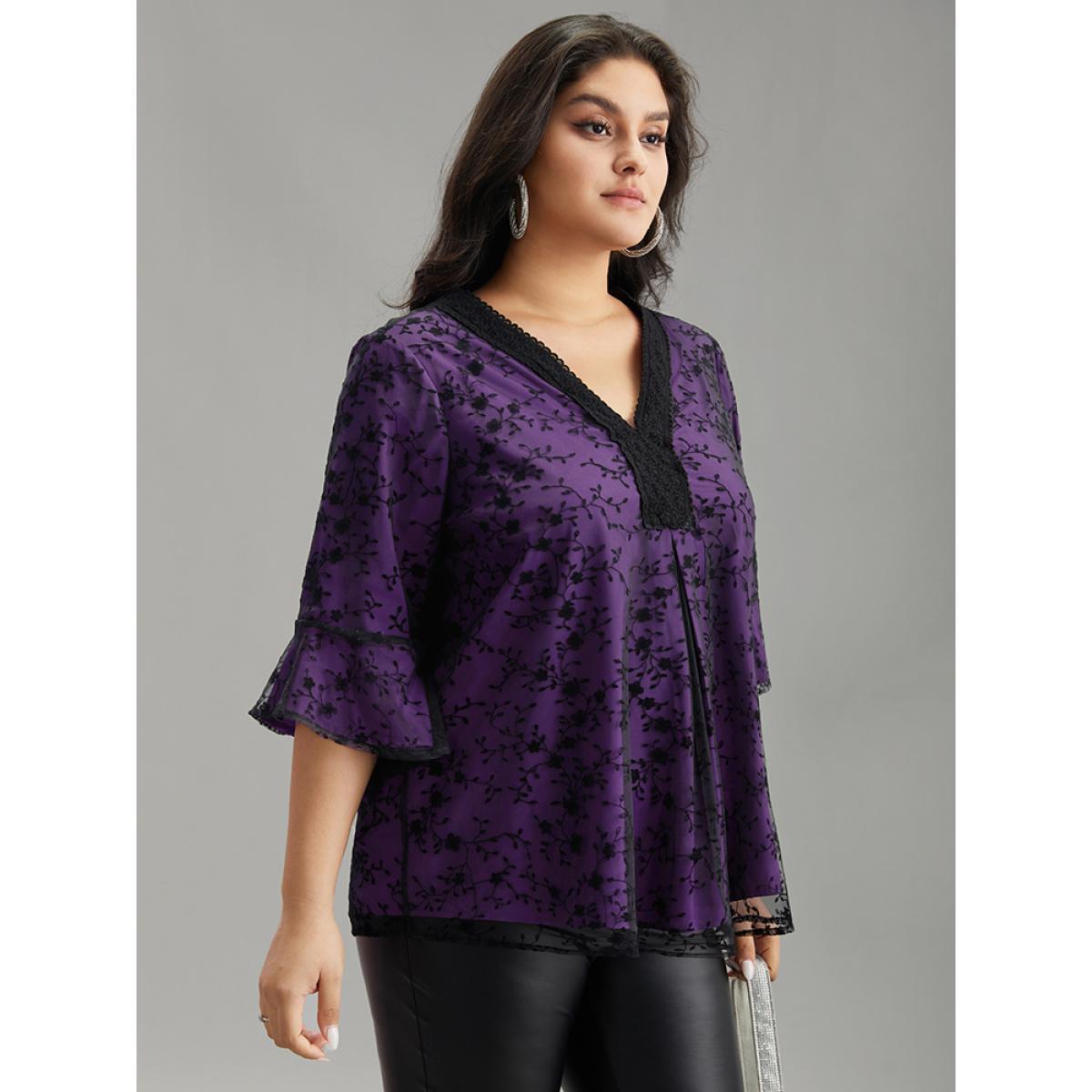 Plus Size DarkGreen Crochet Lace Mesh Bell Sleeve Blouse Women Cocktail Elbow-length sleeve V-neck Party Blouses BloomChic 10/M Product Image