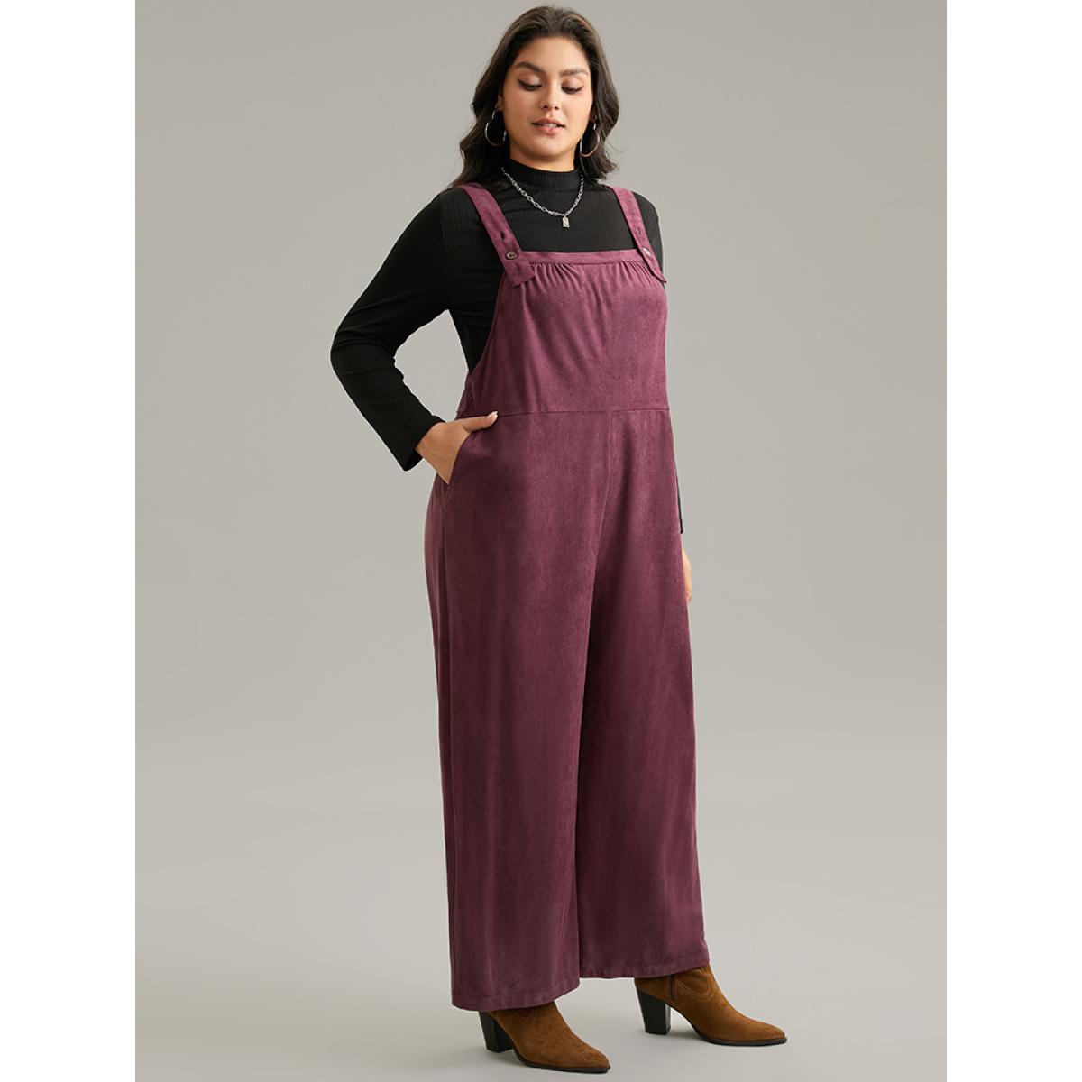 Plus Size Burgundy Plain Button Up Adjustable Straps Jumpsuit Women Casual Sleeveless Spaghetti Strap Dailywear Loose Jumpsuits BloomChic 10/M Product Image