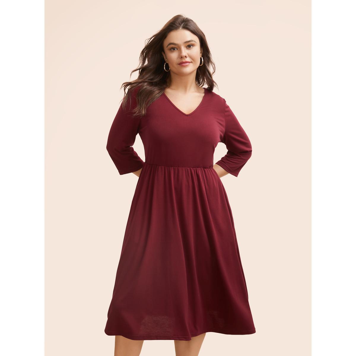 Plus Size Solid V Neck Elastic Waist Midi Dress Burgundy Women Casual Non V-neck Elbow-length sleeve Curvy BloomChic 28/5X Product Image