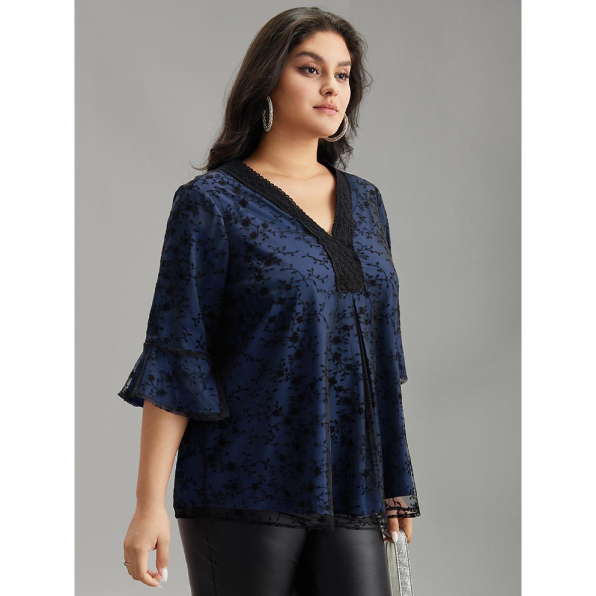 Plus Size DarkBlue Crochet Lace Mesh Bell Sleeve Blouse Women Cocktail Elbow-length sleeve V-neck Party Blouses BloomChic 22-24/3X Product Image