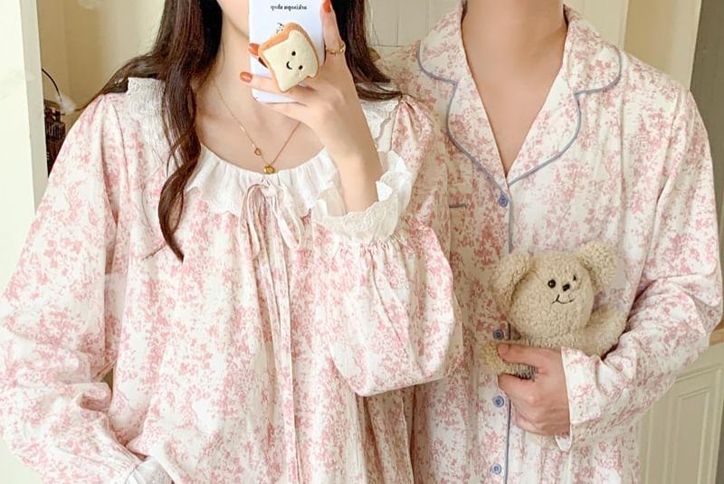 Couple Matching Pajama Set: Long-Sleeve Floral Print Top + Pants (Various Designs) Product Image