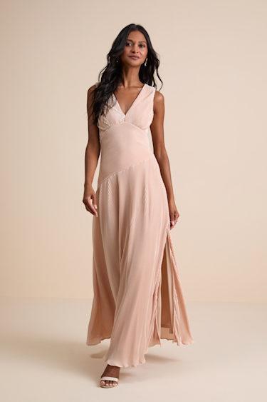 Renee Blush Satin Plisse V-Neck Maxi Dress Product Image