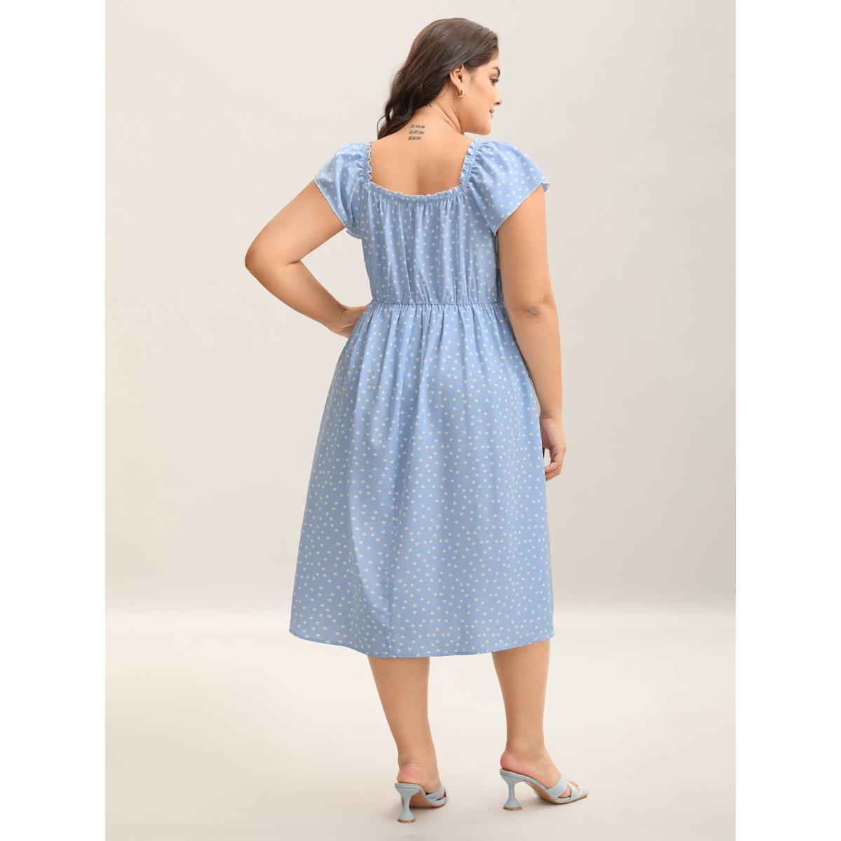 Plus Size Ruffle Trim Polka Dots Pockets Midi Dress LightBlue Women Non Short sleeve Curvy BloomChic 12/L Product Image