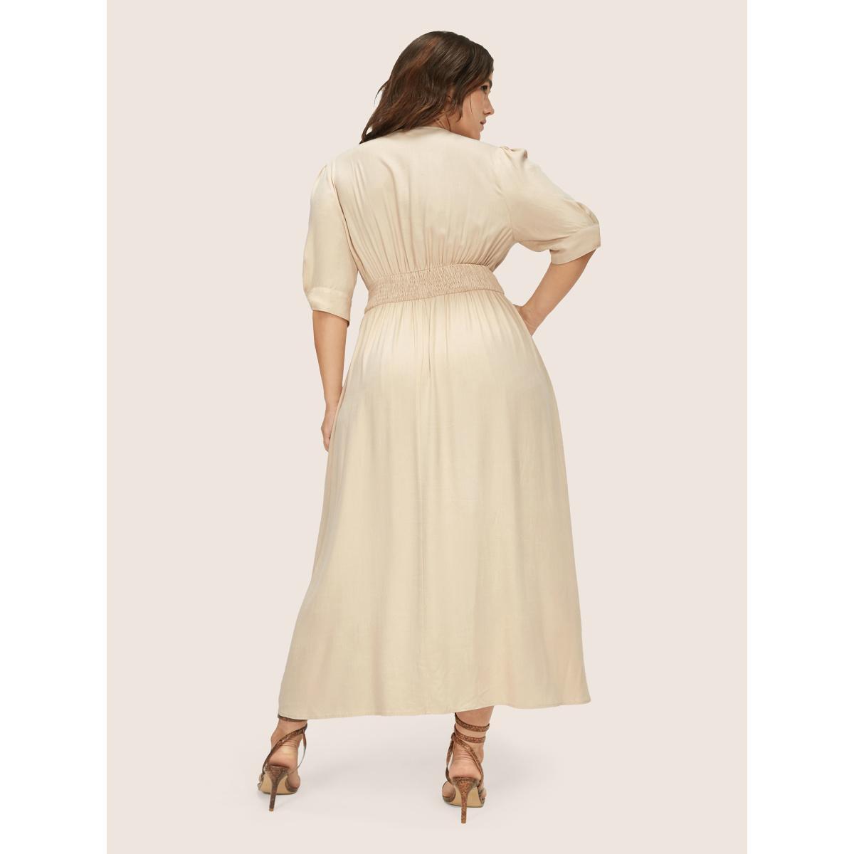 Plus Size Plunging Neck Button Detail Pocket Maxi Dress Beige Women Resort Gathered V-neck Short sleeve Curvy Long Dress BloomChic 16/1X Product Image
