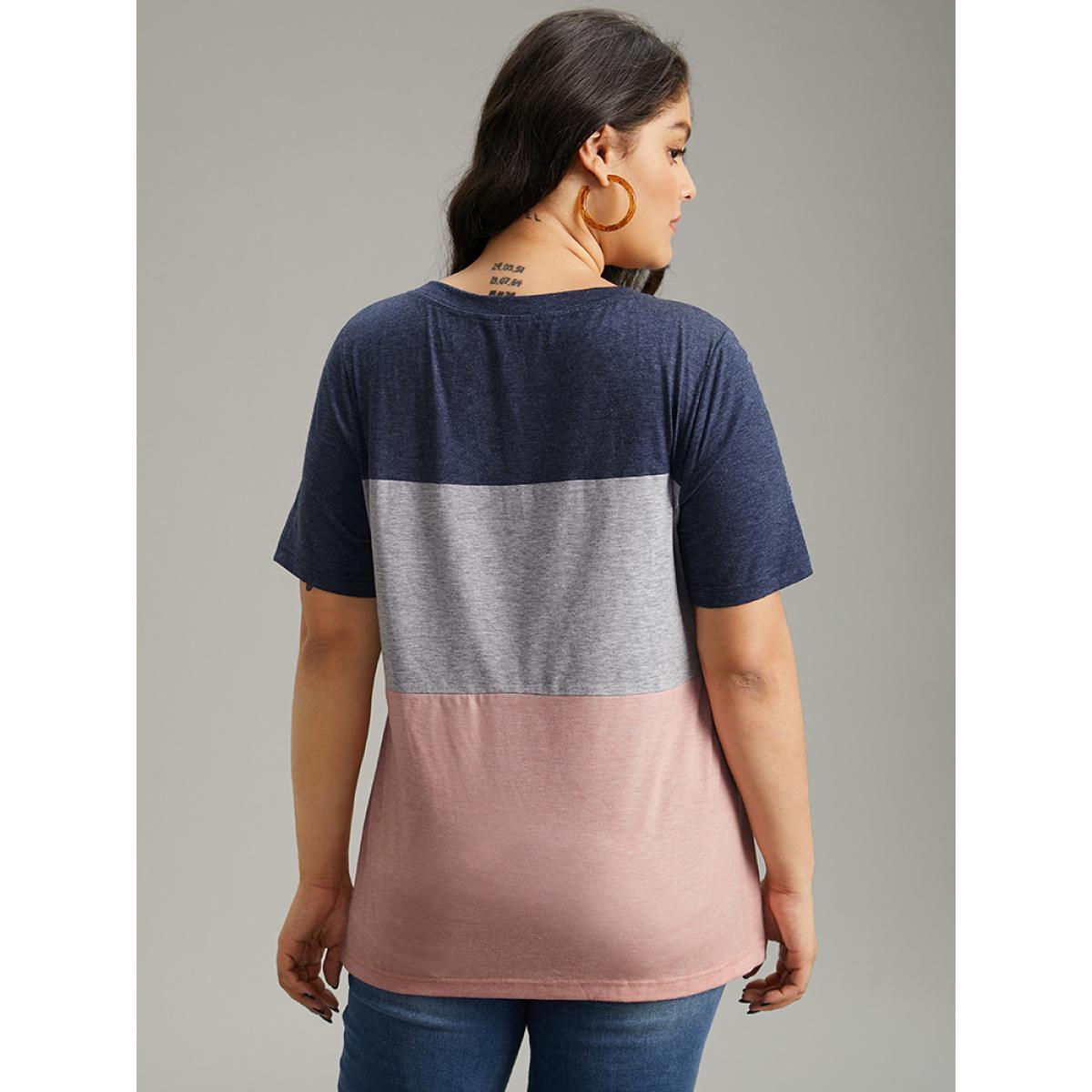 Plus Size Colorblock Contrast V Neck T-shirt Multicolor Women Casual Contrast Plain V-neck Dailywear T-shirts BloomChic 22-24/3X Product Image