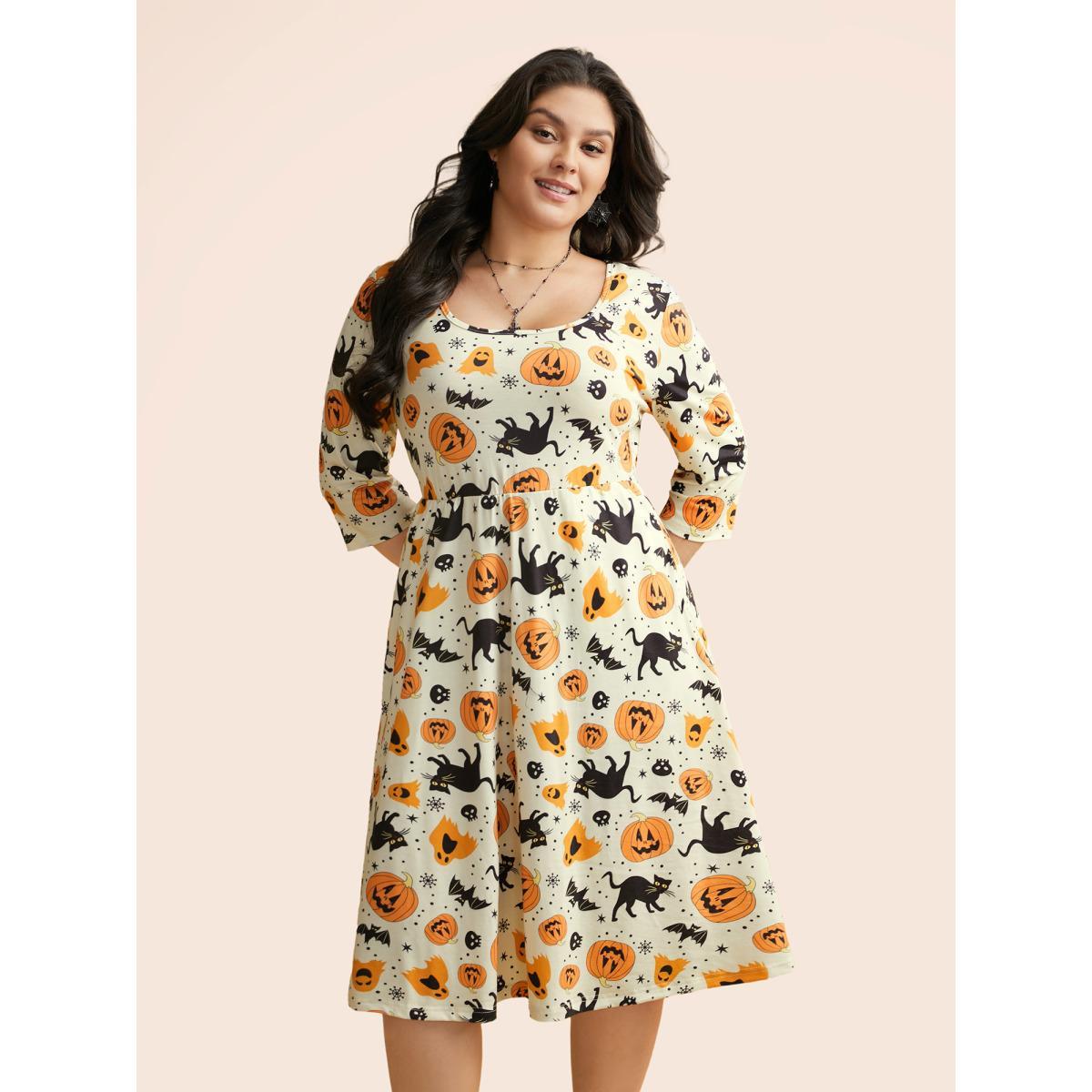 Plus Size Pumpkin Spiced Elastic Waist Printed Midi Dress Ivory Women Cocktail Non Party Curvy Bloomchic 22-24/3X Product Image