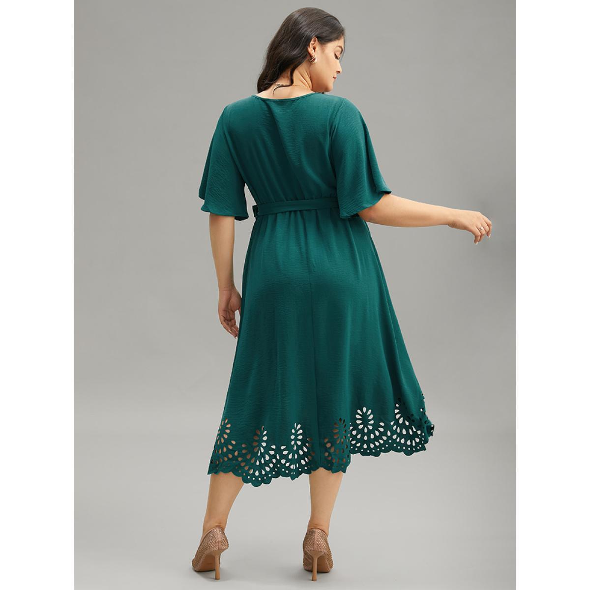 Plus Size Plain Belted Laser Cut High Low Hem Dress Emerald Women Office Gathered V-neck Half Sleeve Curvy Midi Dress BloomChic 28/5X Product Image