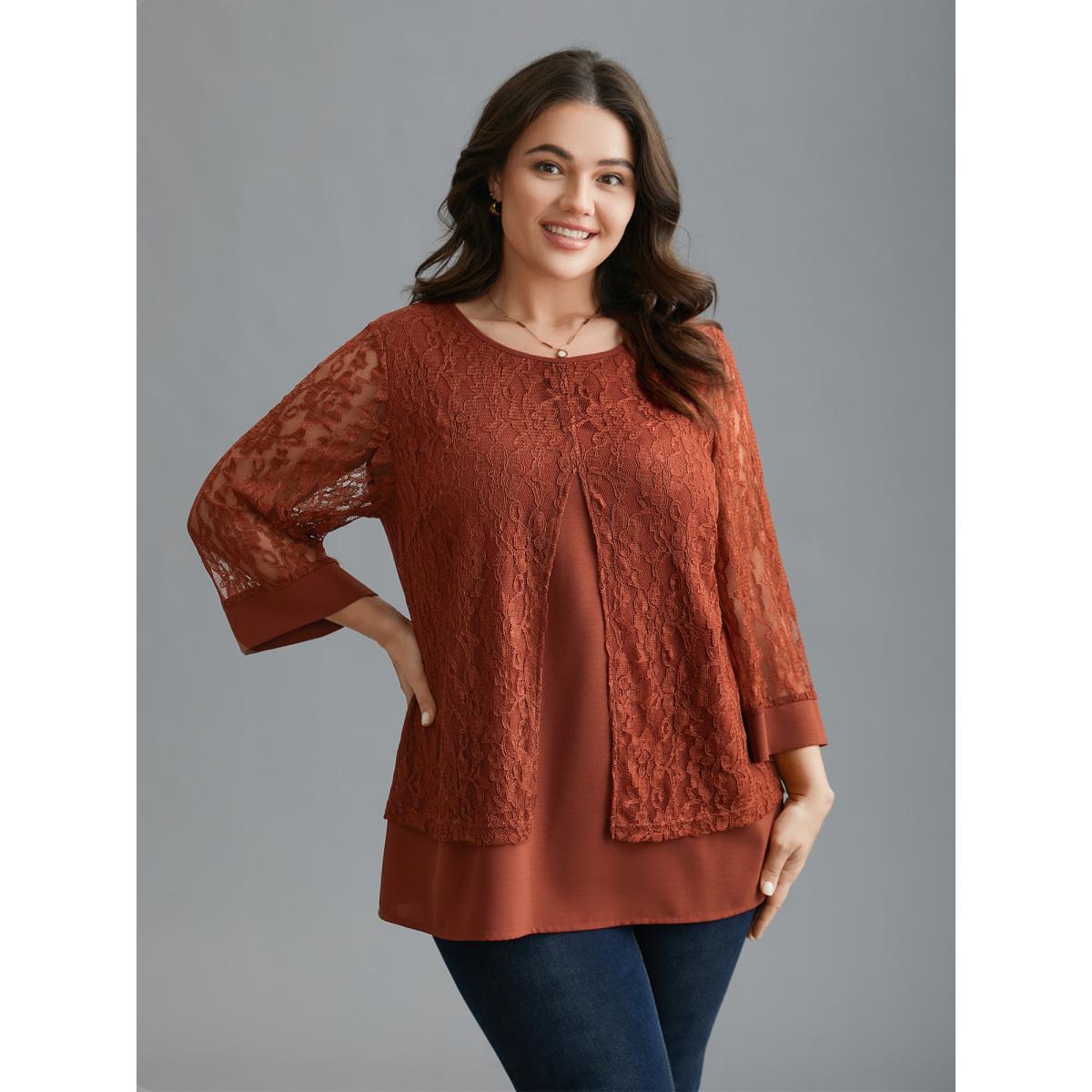 Plus Size Rust Sheer Lace Sleeve Open-Front Design Blouse Women Elegant Elbow-length sleeve Round Neck Everyday Blouses BloomChic 28/5X Product Image