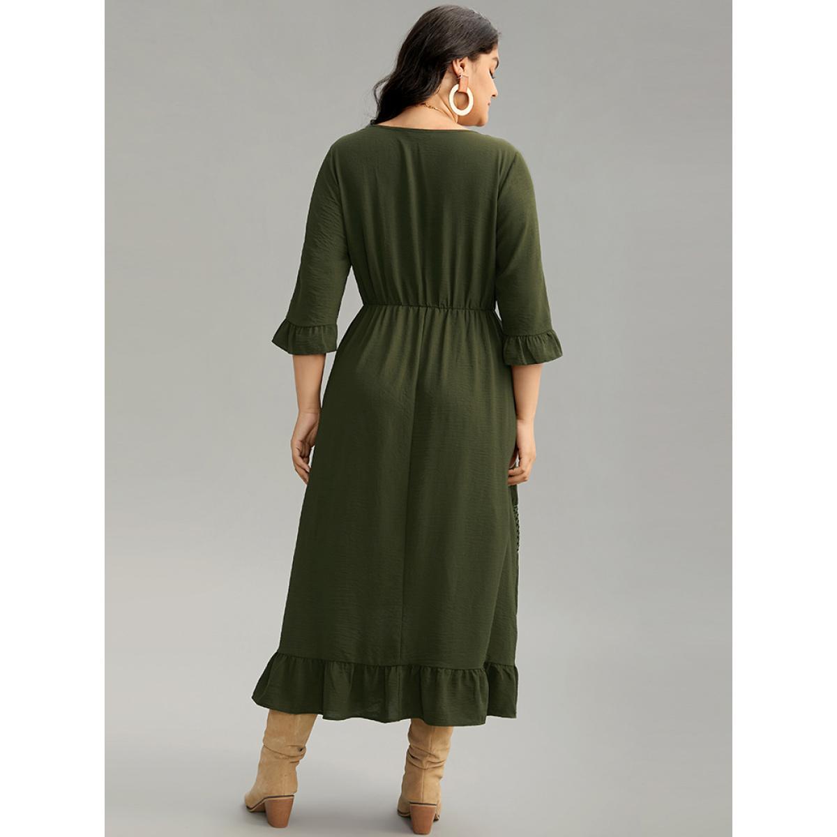 Plus Size Plain Ruffles Patchwork Button Detail Cut Out Dress ArmyGreen Women Vacation Plain V-neck Elbow-length sleeve Curvy Midi Dress BloomChic 14-16/1X Product Image