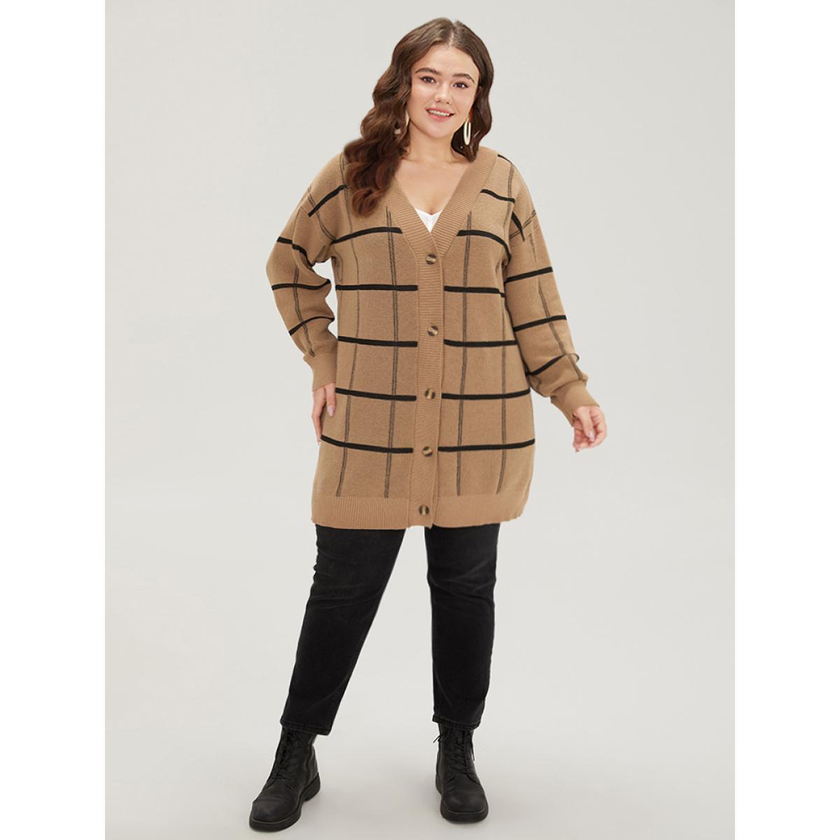 Plus Size Plaid Striped Button Through Cardigan Tan Women Casual Loose Long Sleeve Everyday Cardigans BloomChic 22-24/3X Product Image