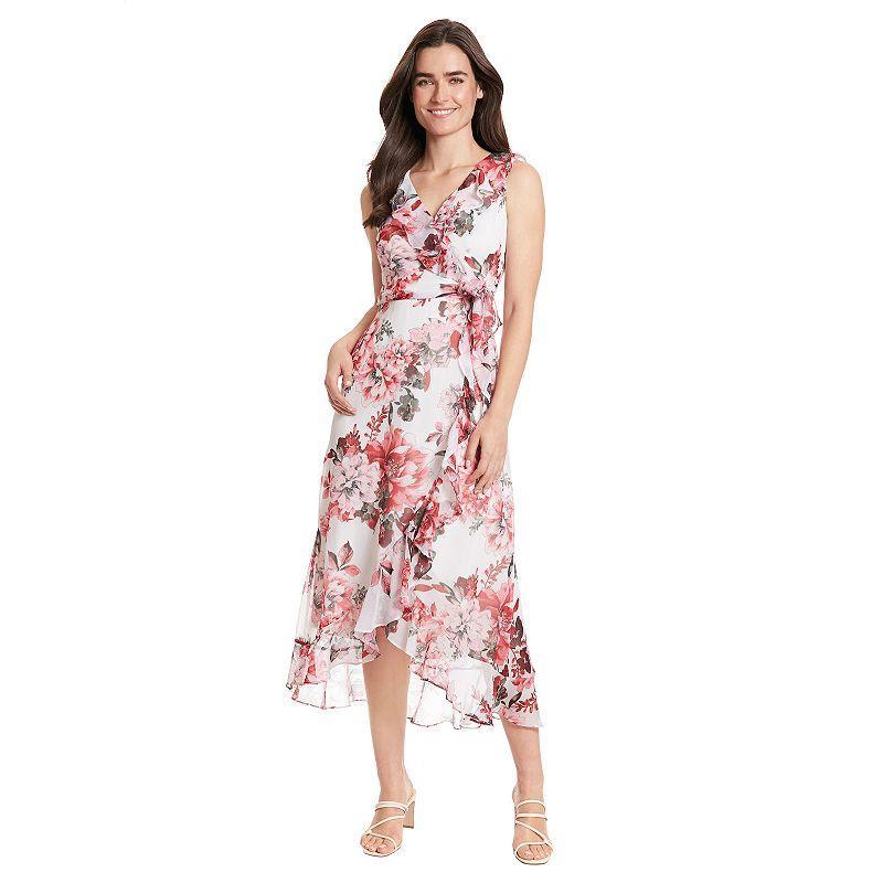 Women's London Times Ruffled Chiffon Maxi Dress, Size: 6, Aqua Pink Product Image