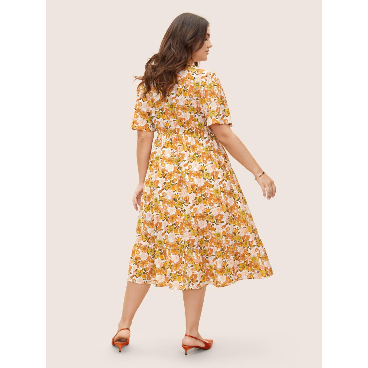 Plus Size Overlap Collar Floral Elastic Waist Midi Dress Multicolor Women Elegant Non Overlap Collar Short sleeve Curvy BloomChic 14-16/1X Product Image