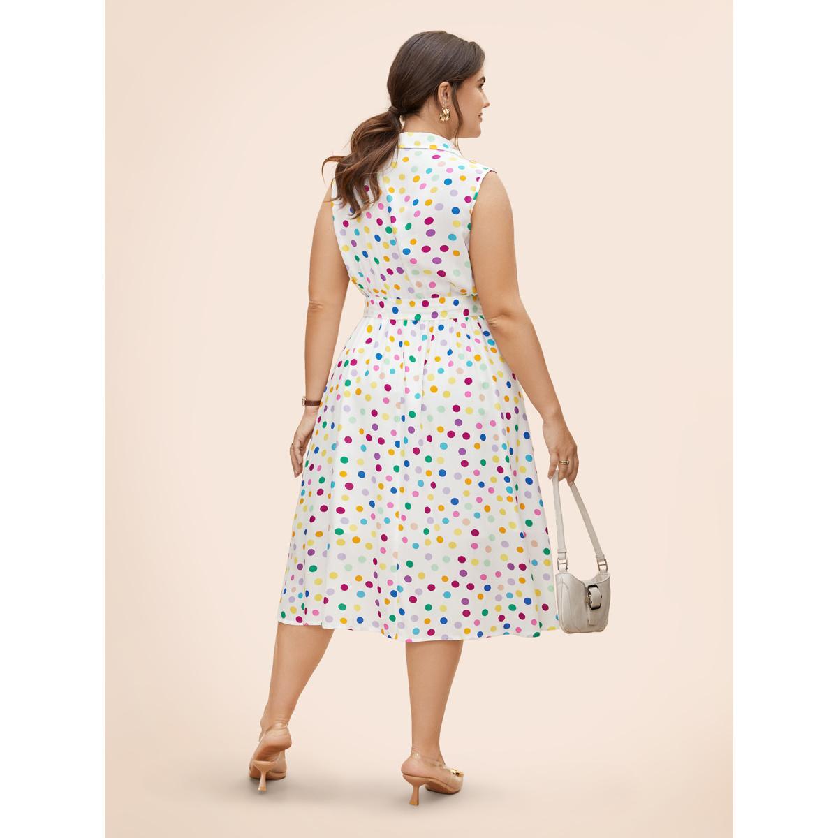 Plus Size Polka Dot Front Tie Midi Shirt Dress WhiteSmoke Women Casual Belted Shirt collar Sleeveless Curvy BloomChic 14-16/1X Product Image