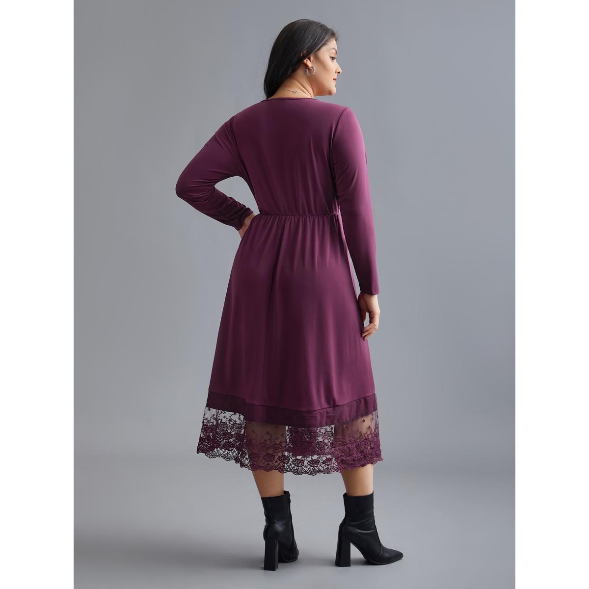 Plus Size Floral Embroidered Mesh Crisscross Dress Deeppurplered Women Elegant Woven ribbon&lace trim Round Neck Long Sleeve Curvy BloomChic 10/M Product Image