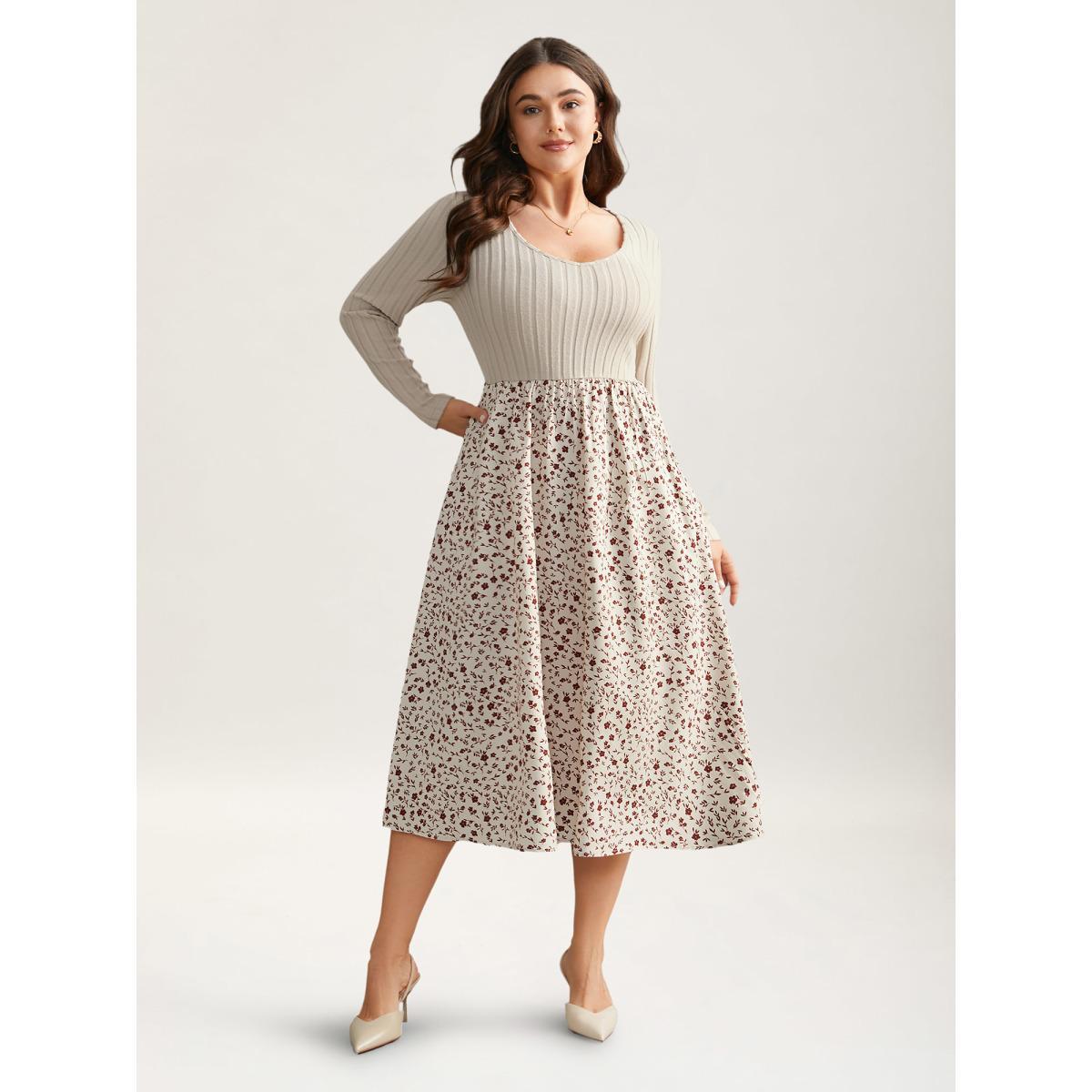 Plus Size Ditsy Floral Patchwork Texture Midi Dress Apricot Women Elegant Texture V-neck Long Sleeve Curvy BloomChic 14-16/1X Product Image