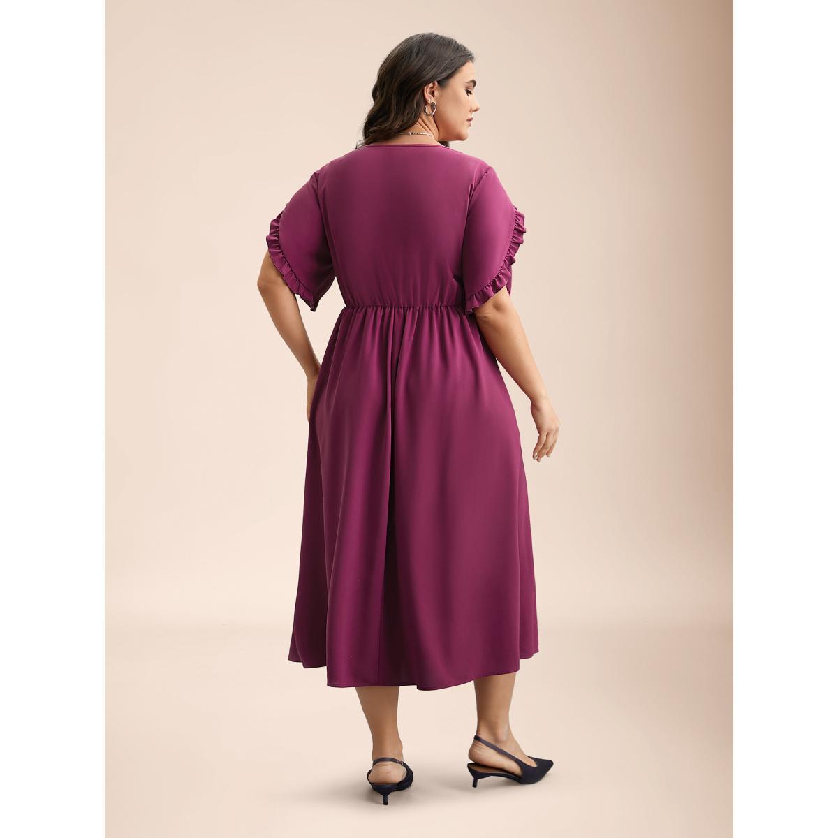 Plus Size Petal Sleeve Ruffled Waist-Cinched Midi Dress Deeppurplered Women Elegant Frill Trim V-neck Half Sleeve Curvy BloomChic 10/M Product Image