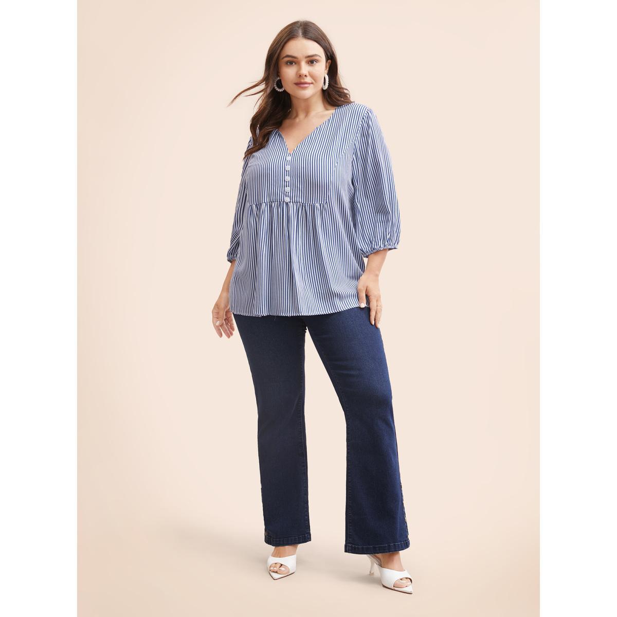 Plus Size Navy Striped Gathered Button Detail Lantern Sleeve Blouse Women Elegant Elbow-length sleeve V-neck Everyday Blouses BloomChic 18-20/2X Product Image