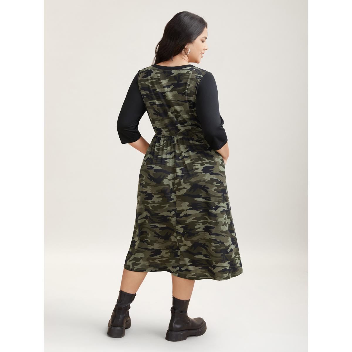Plus Size Camouflage Print Contrast Spliced Midi Dress ArmyGreen Women Casual Patchwork Knit Dresses Bloomchic 14-16/1X Product Image