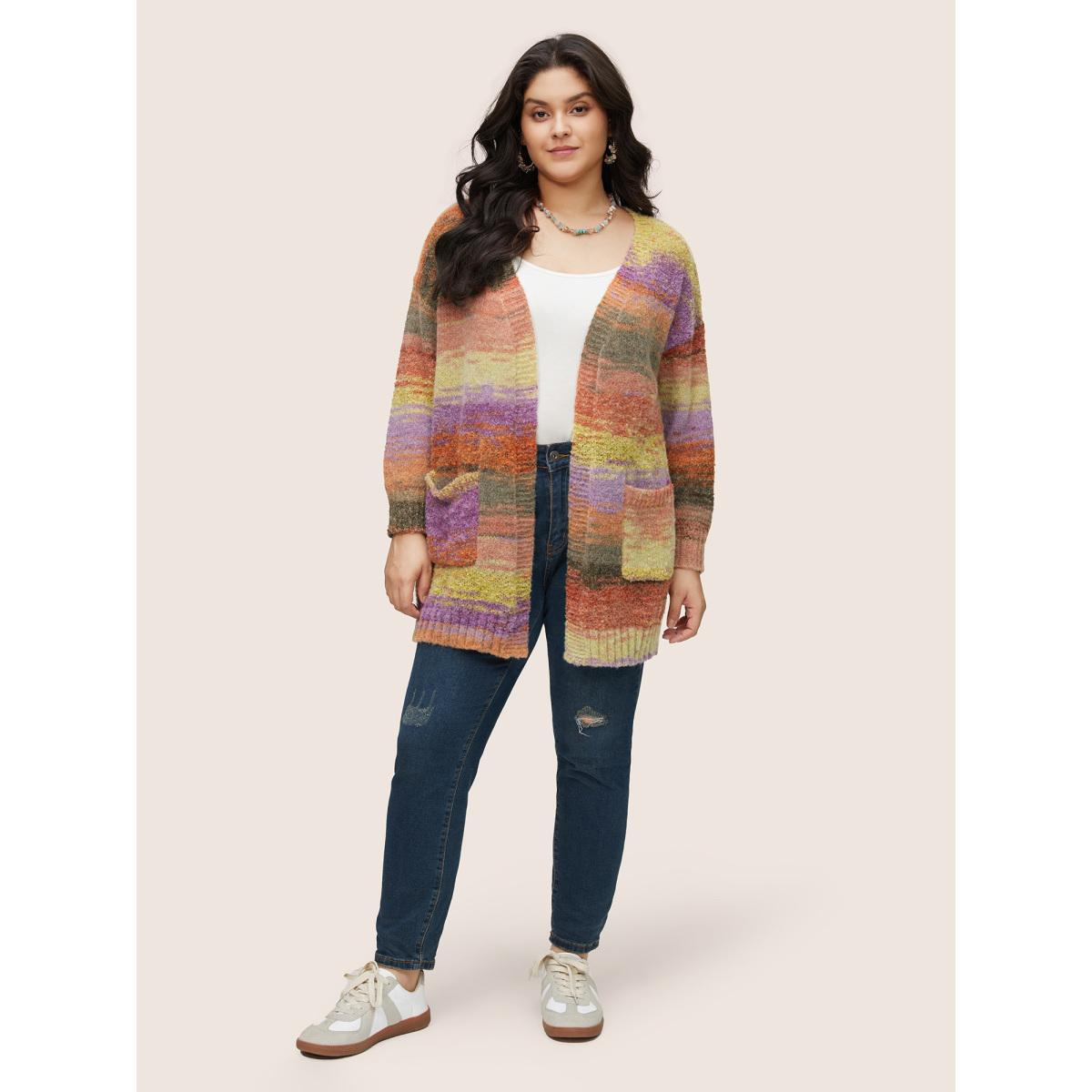 Plus Size Ombre Heather Contrast Pocket Cardigan Multicolor Women Casual Loose Long Sleeve Dailywear Cardigans BloomChic 30/6X Product Image