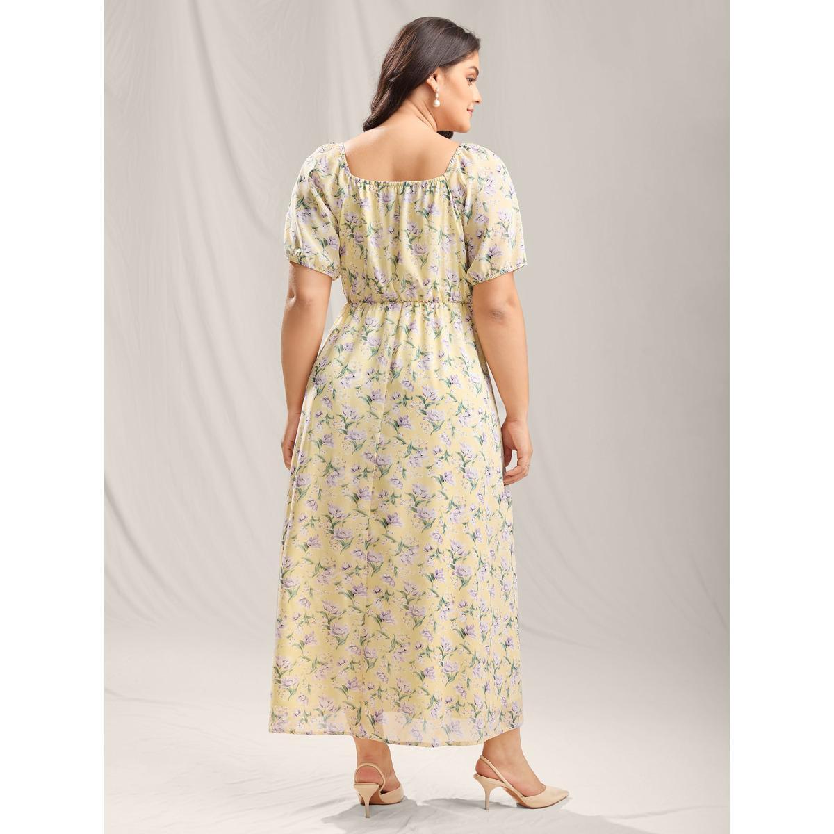Plus Size Vine Flower Sweetheart Neck Slit Maxi Dress Lightyellow Women Heart neckline Short sleeve Curvy BloomChic 10/M Product Image