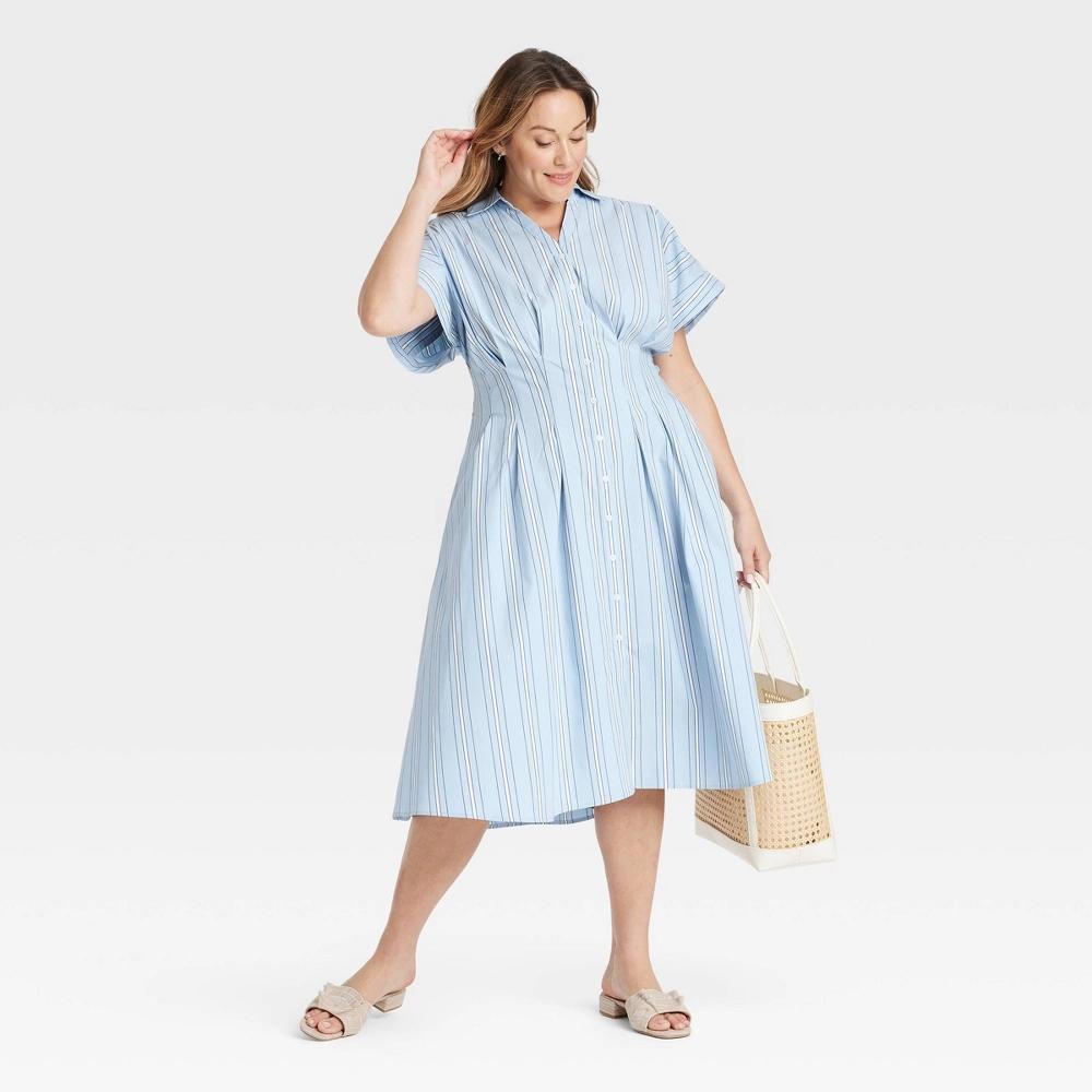 Women's Short Sleeve Pleated Midi Shirtdress - Ava & Viv™ Product Image