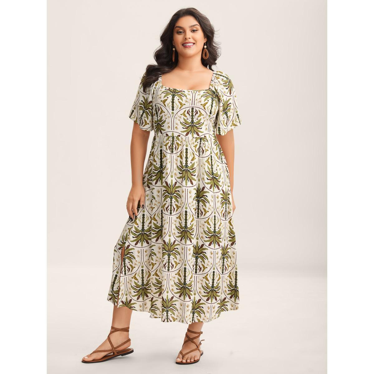 Plus Size Tropical Print A-Line Slit Midi Dress Multicolor Women Square Neck Short sleeve Curvy BloomChic 18-20/2X Product Image