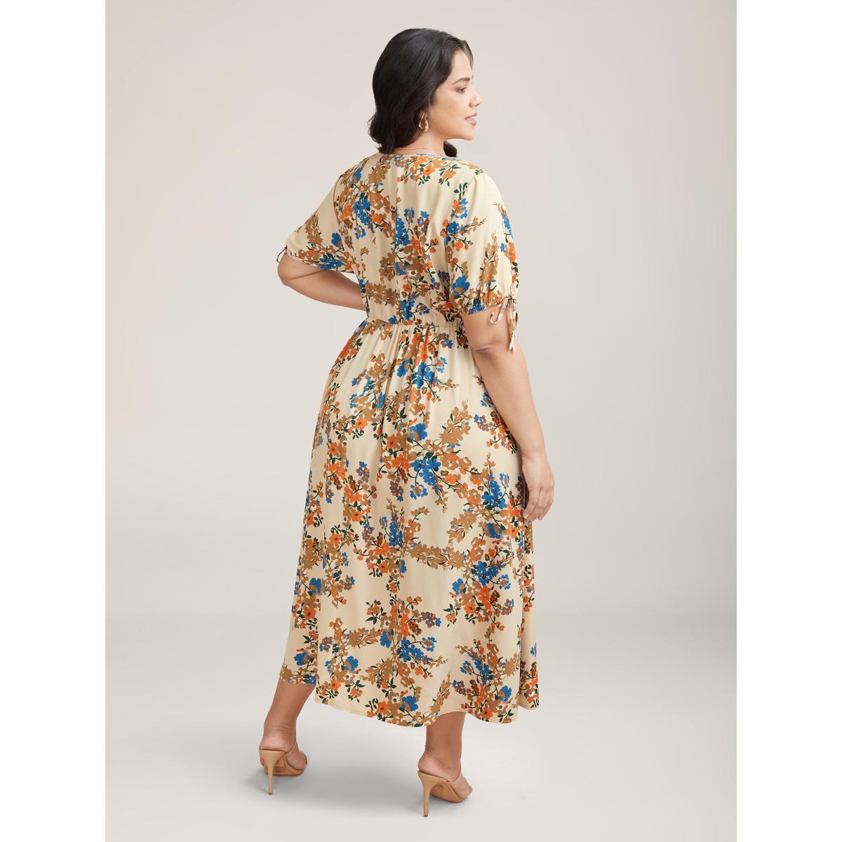 Plus Size Floral Pring Lace Detail Tied Midi Dress Apricot Women Elegant Woven ribbon&lace trim V-neck Short sleeve Curvy BloomChic 18-20/2X Product Image