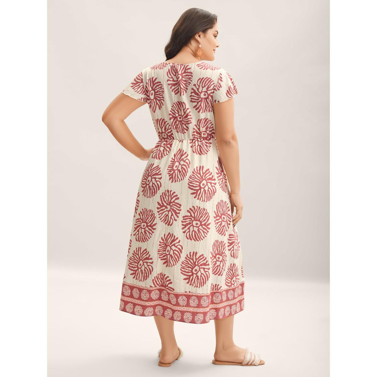 Plus Size Breezy Boho Print Drawstring Waist Midi Dress Dirtypink Women V-neck Cap Sleeve Curvy BloomChic 12/L Product Image