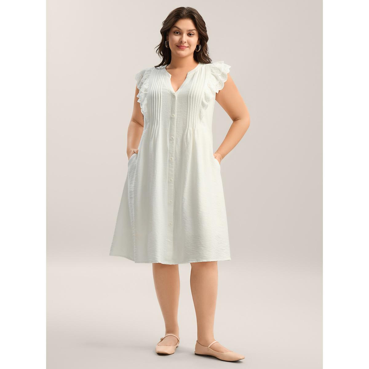 Plus Size Lace Trim Pleated Button Shirt Dress Originalwhite Women Flat collar with V-notch Cap Sleeve Curvy BloomChic 26/4X Product Image