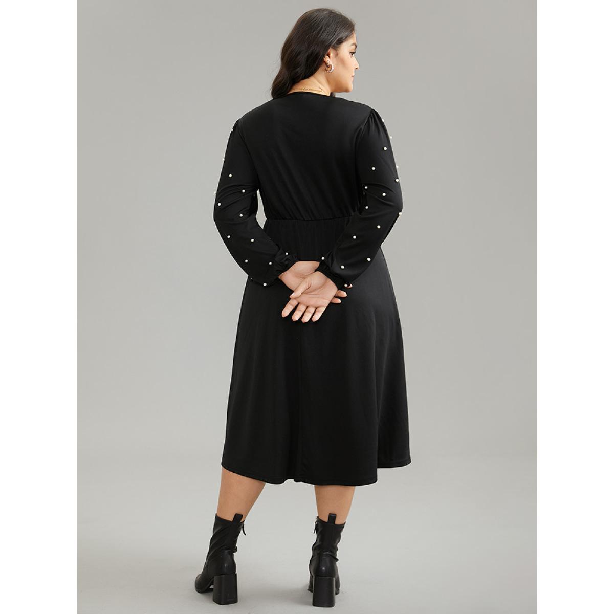 Plus Size Beaded Overlap Collar Pocket Elastic Waist Dress Black Women Elegant Elastic cuffs Overlap Collar Long Sleeve Curvy Midi Dress BloomChic 14-16/1X Product Image