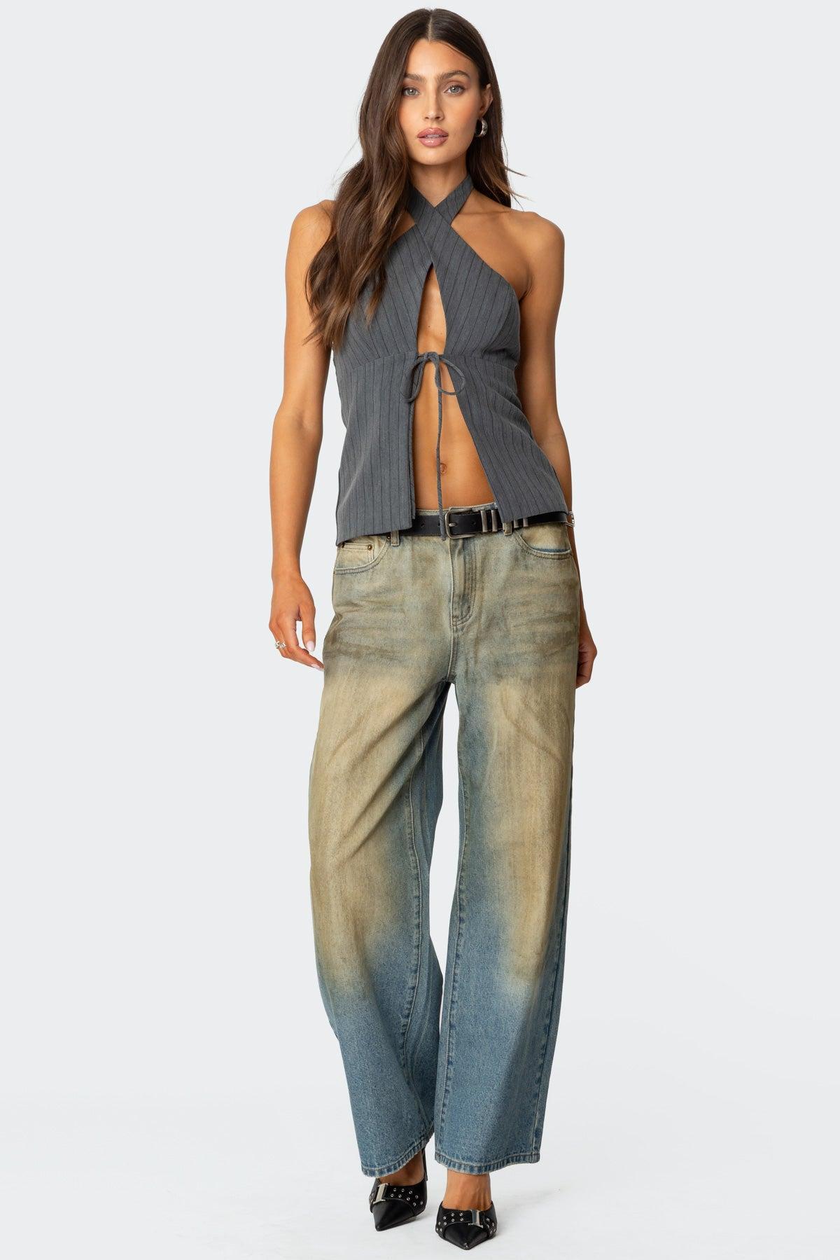 Split Front Pinstripe Halter Top Product Image