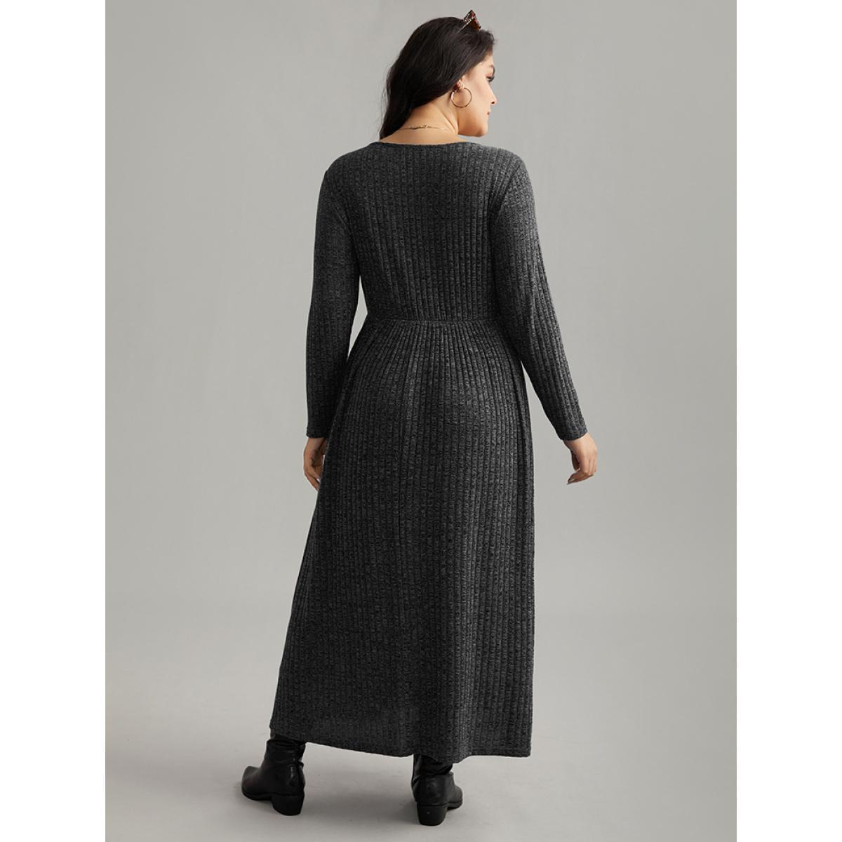 Plus Size Solid Rib Knit Overlap Collar Pocket Dress DimGray Women Casual Texture Overlap Collar Long Sleeve Curvy Midi Dress BloomChic 28/5X Product Image