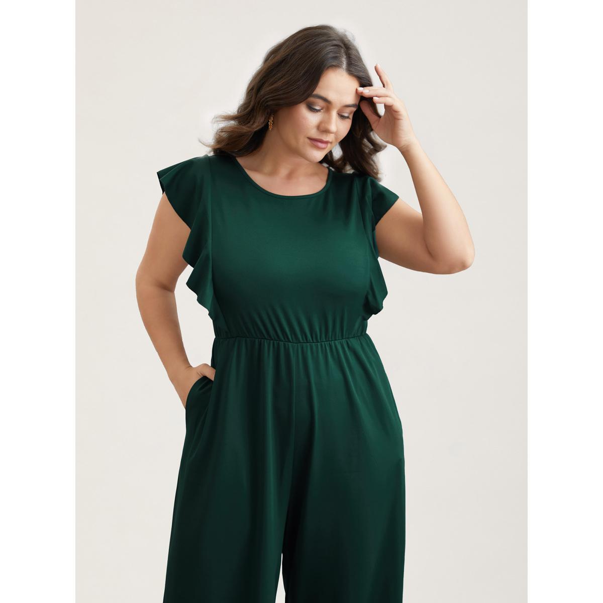 Plus Size DarkGreen Flutter Sleeve Waist Cinched Flared Jumpsuit Women Elegant Cap Sleeve Round Neck Everyday-Elegant Loose Jumpsuits BloomChic 26/4X Product Image