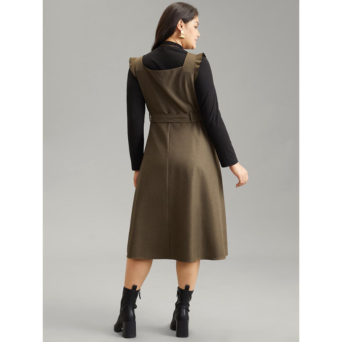 Plus Size Solid Belted Ruffle Trim Button Through Sleeveless Dress ArmyGreen Women Office Plain Square Neck Sleeveless Curvy Midi Dress BloomChic 18-20/2X Product Image