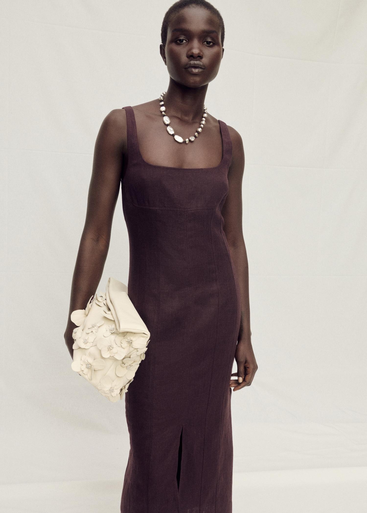 Linen midi-dress with front opening - Women | MANGO USA Product Image