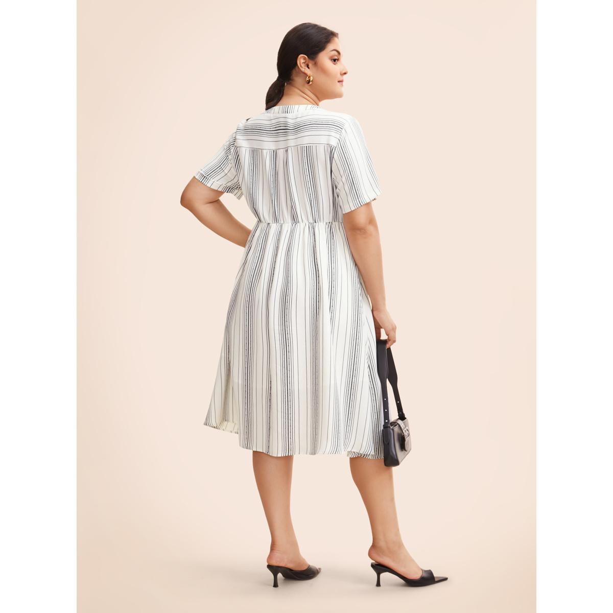 Plus Size Round Neck Striped Button Up Midi Dress WhiteSmoke Women At the Office Button Round Neck Short sleeve Curvy BloomChic 18-20/2X Product Image