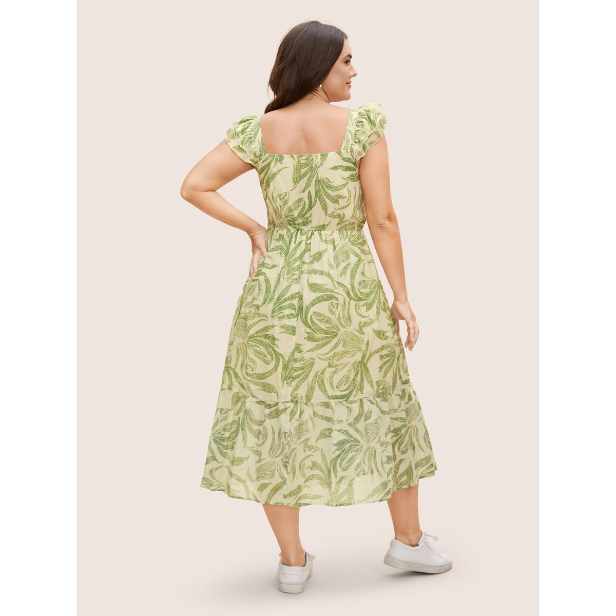 Plus Size Cotton Square Neck Floral Print Tiered Ruffles Dress LightGreen Women Casual Ruffles Square Neck Cap Sleeve Curvy BloomChic 26/4X Product Image