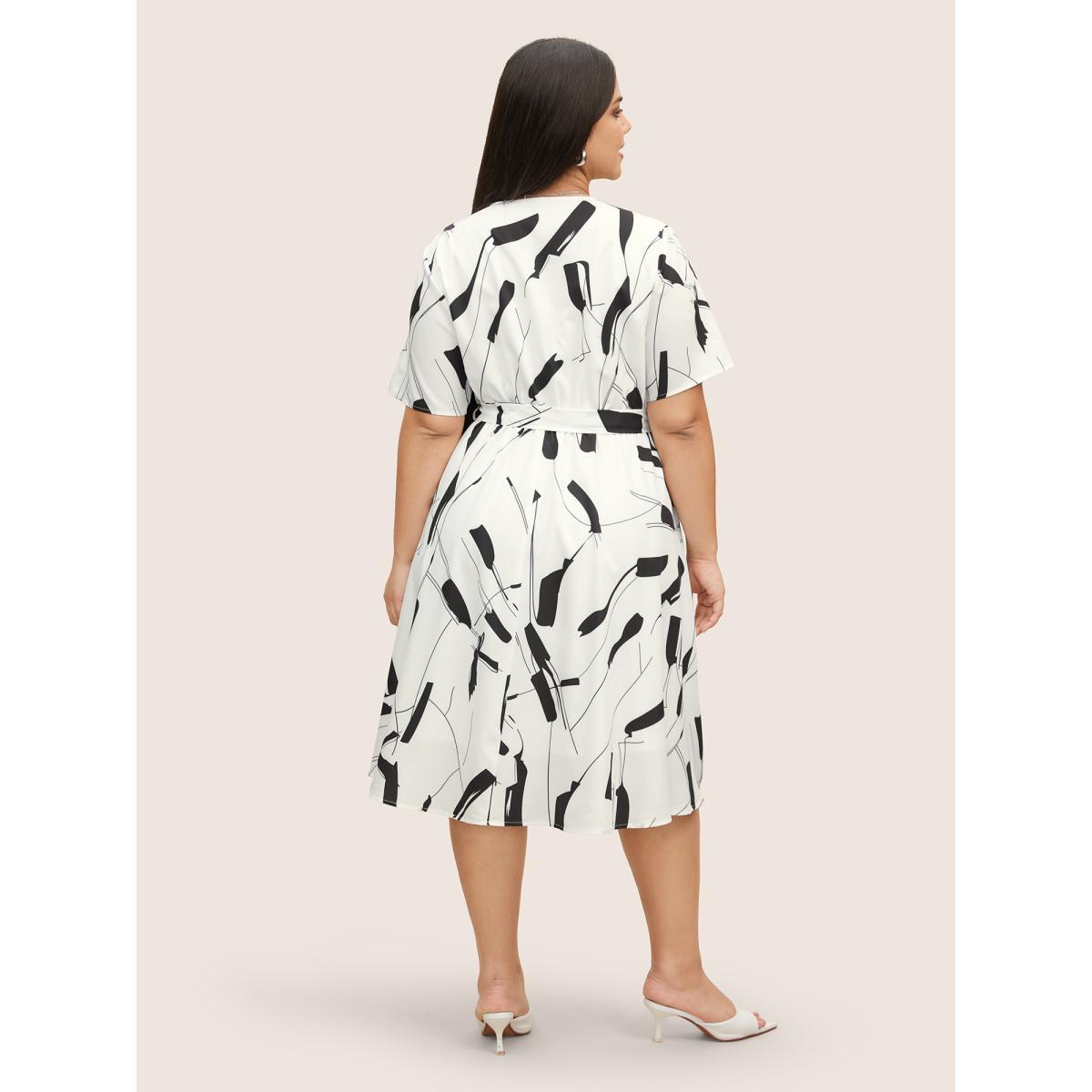 Plus Size Geometric Overlap Collar Belted Midi Dress White Women At the Office Belted Overlap Collar Half Sleeve Curvy BloomChic 26/4X Product Image