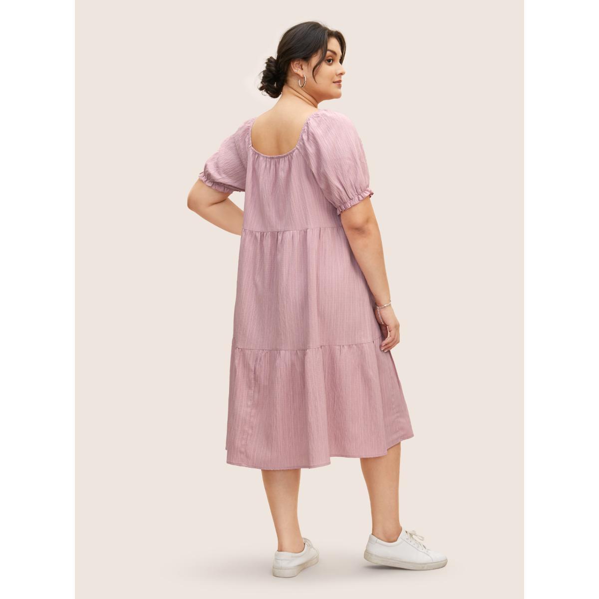 Plus Size Square Neck Textured Ruffle Layered Hem Dress Beanpastepowder Women Casual Tie knot Square Neck Short sleeve Curvy BloomChic 18-20/2X Product Image
