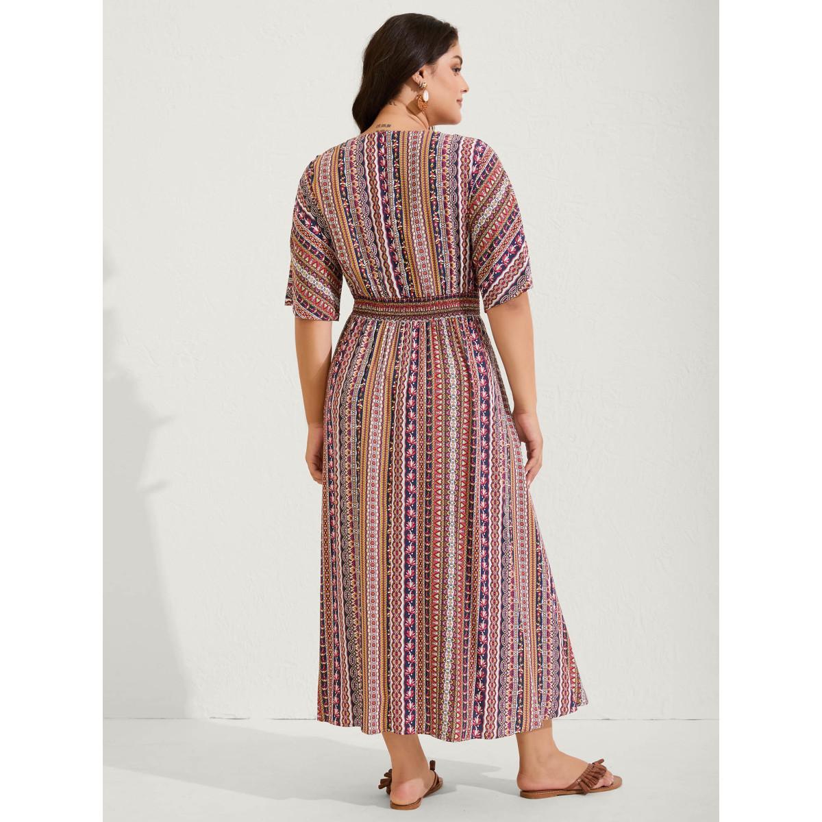 Plus Size Striped Contrast Dolman Sleeve Shirred Pocket Split Flutter Dress Navy Women Resort Non V-neck Half Sleeve Curvy BloomChic 28/5X Product Image