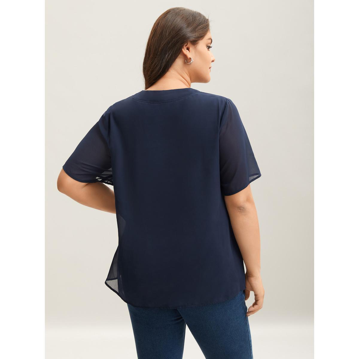 Plus Size Indigo Ribbon Collar Placket Lined Blouse Women At the Office Short sleeve Ribbon-tied collar Work Blouses BloomChic 28/5X Product Image