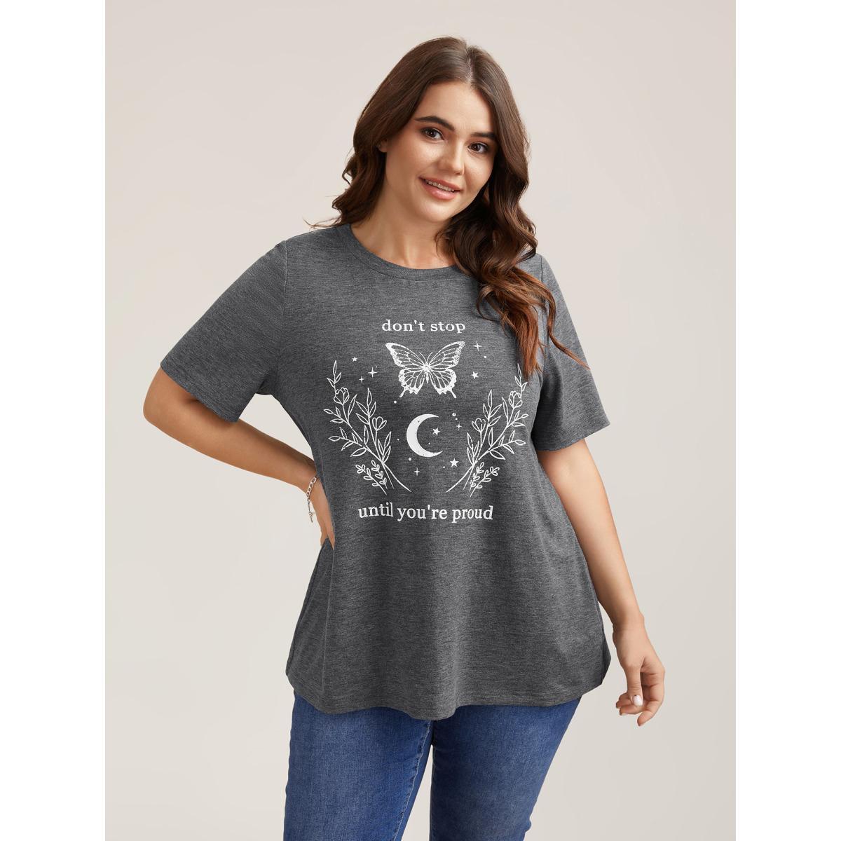 Plus Size Positive Vibes Print Crew Neck T-Shirt DimGray Women Casual Non Butterfly Round Neck Everyday T-shirts BloomChic 10/M Product Image
