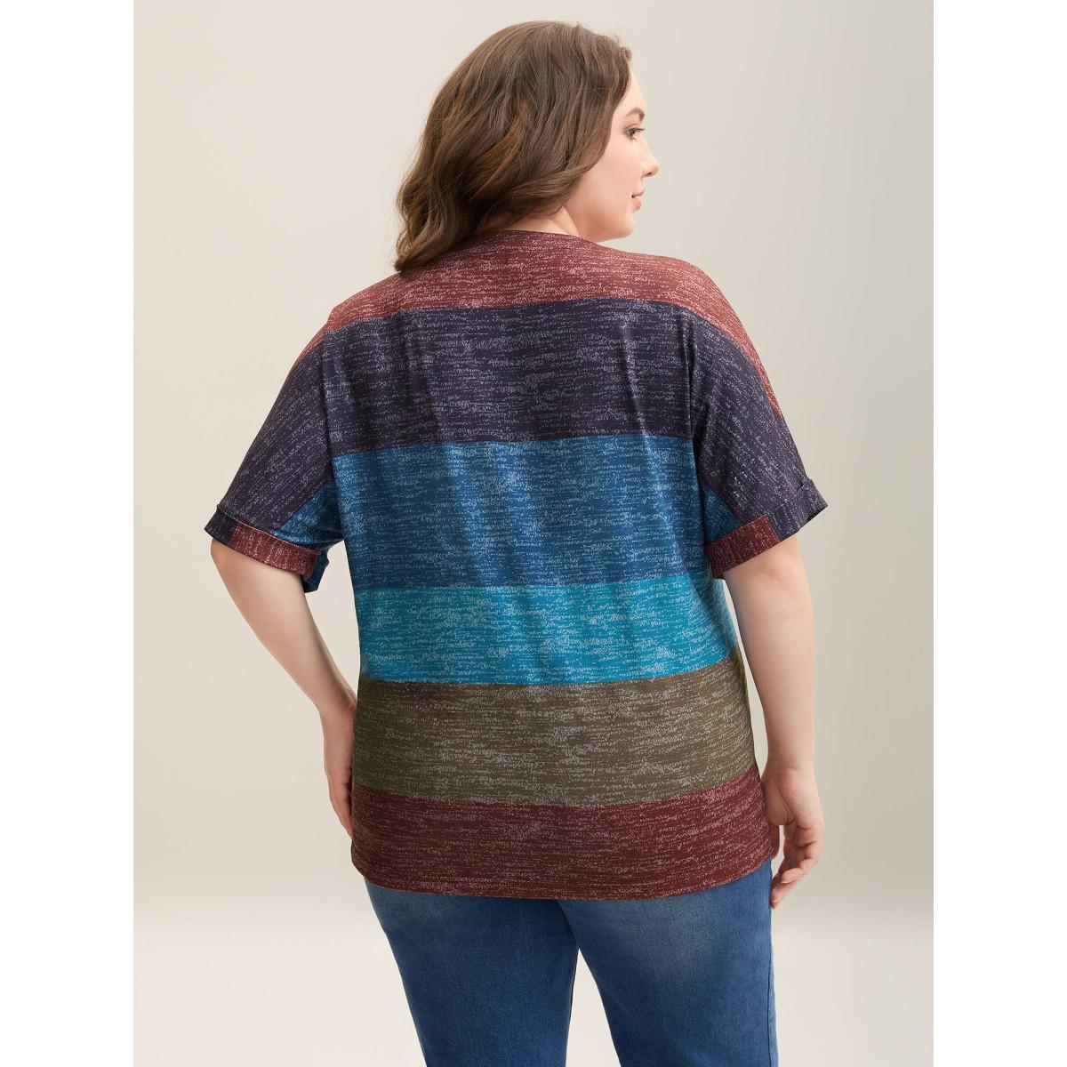 Plus Size Multi-Color Summer Stripes T-Shirt Multicolor Women Casual Contrast V-neck Everyday-Casual T-shirts BloomChic 10/M Product Image