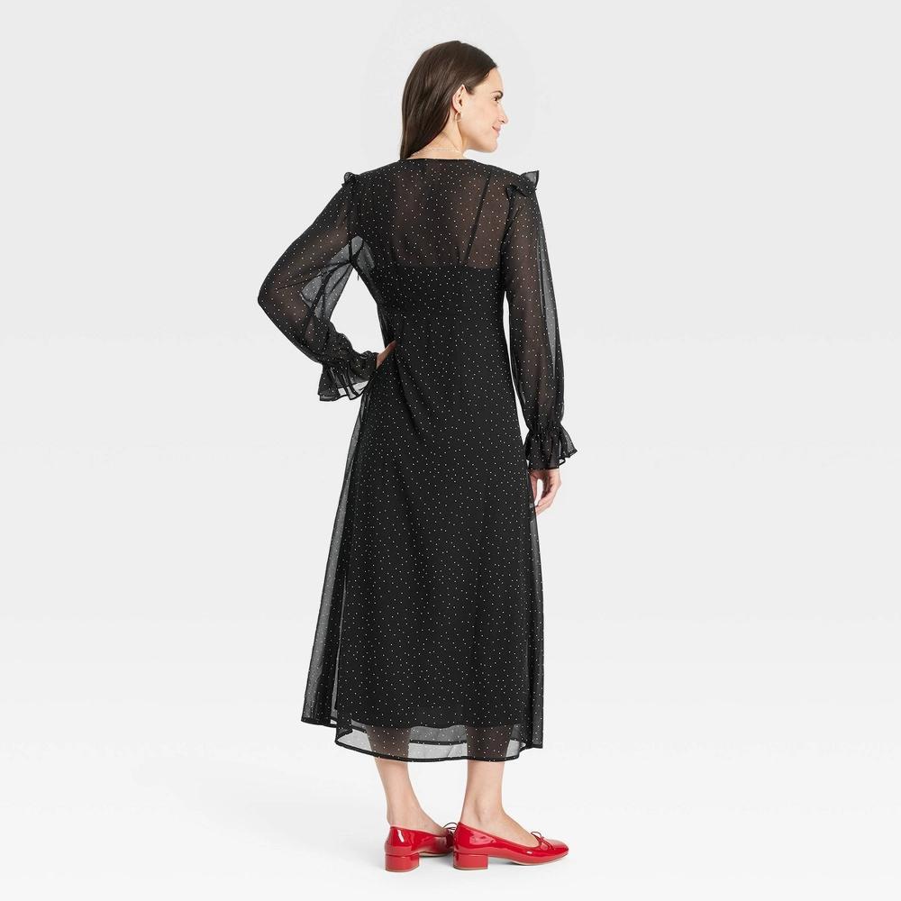 Women's Long Sleeve Sheer Maxi Dress - A New Day™ Black/White Polka Dots XS Product Image